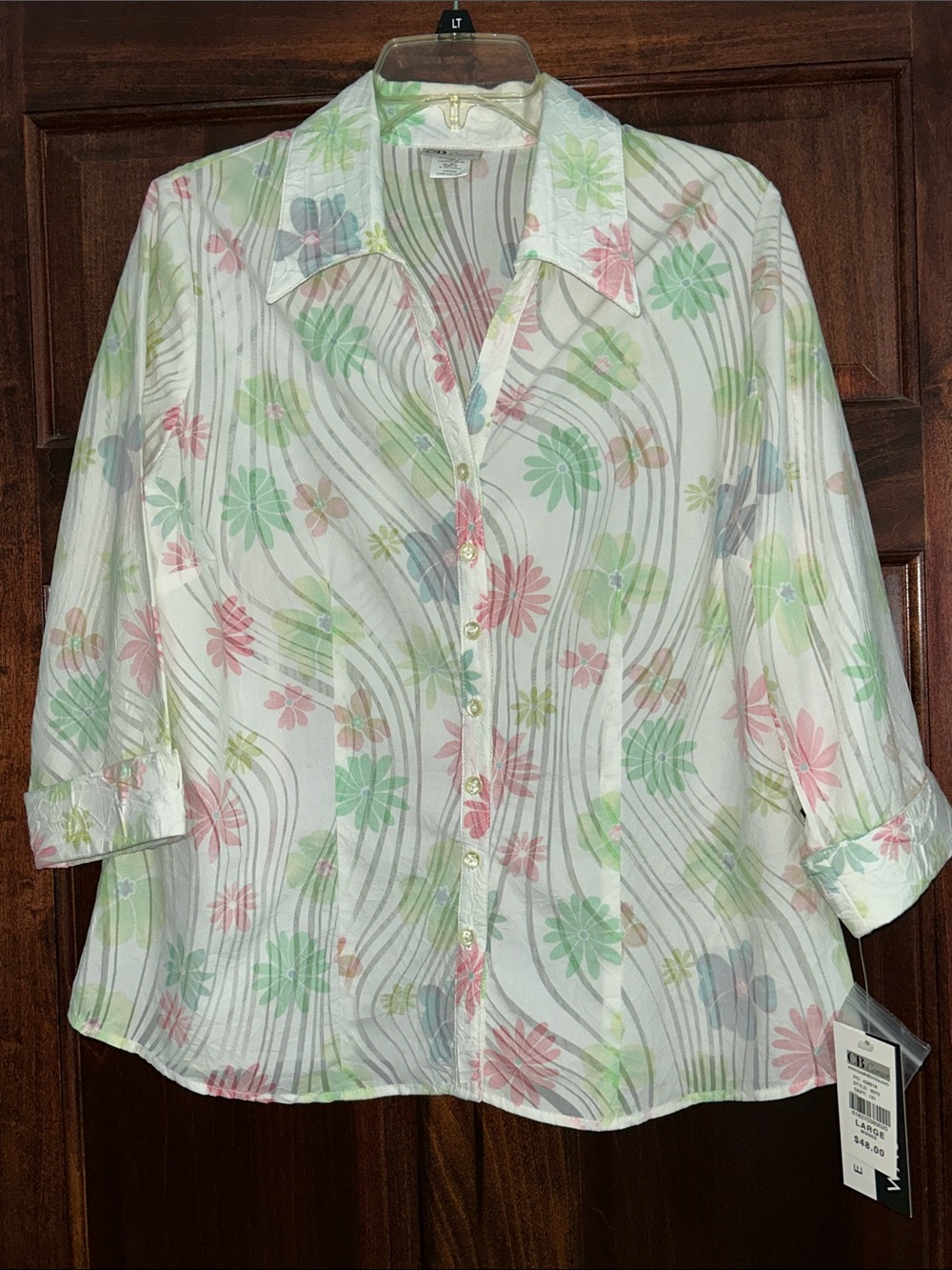 Women's White Floral Button-Down Shirt with Pastel Blooms L NWT